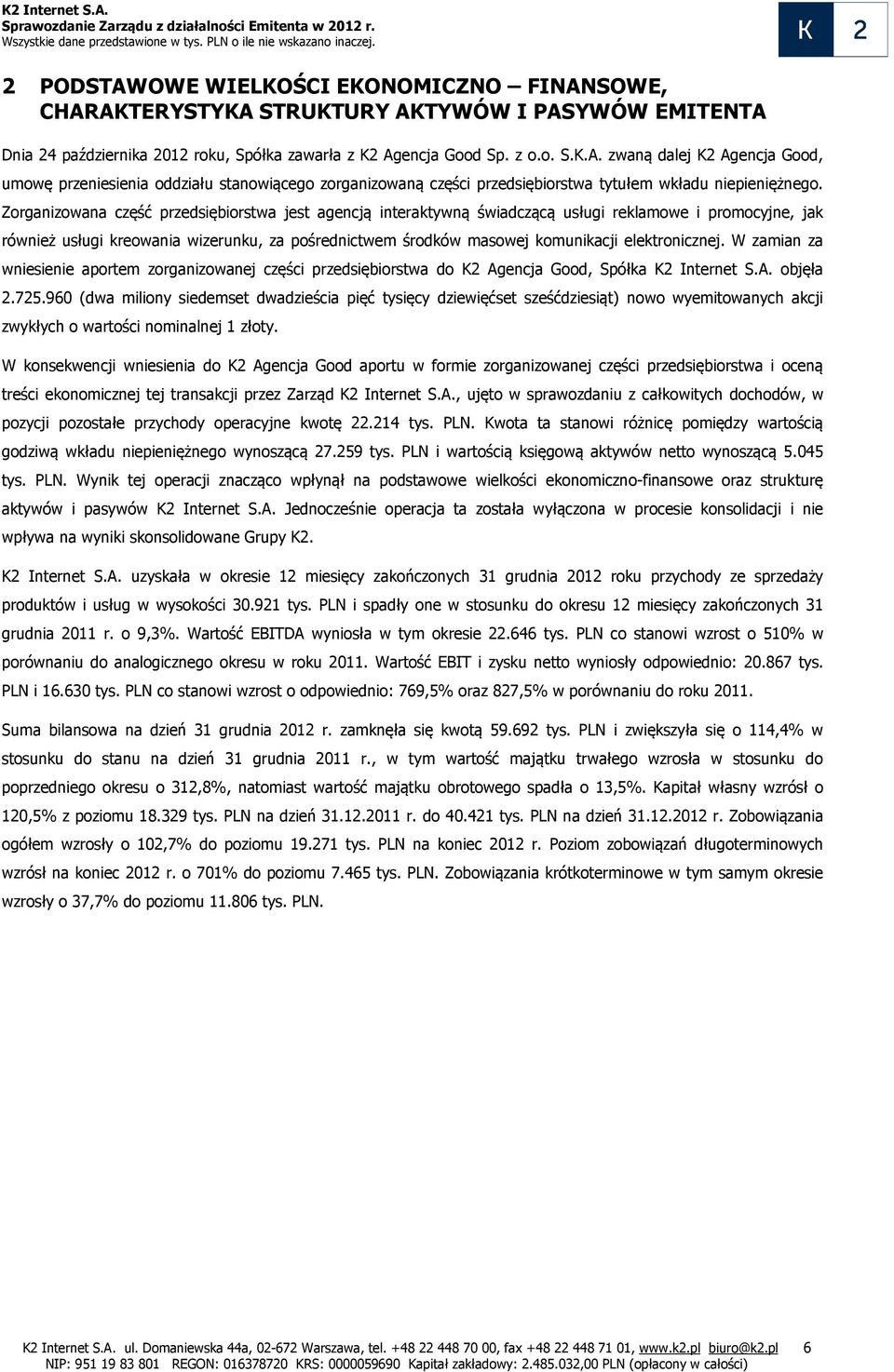 elektronicznej. W zamian za wniesienie aportem zorganizowanej części przedsiębiorstwa do K2 Agencja Good, Spółka K2 Internet S.A. objęła 2.725.