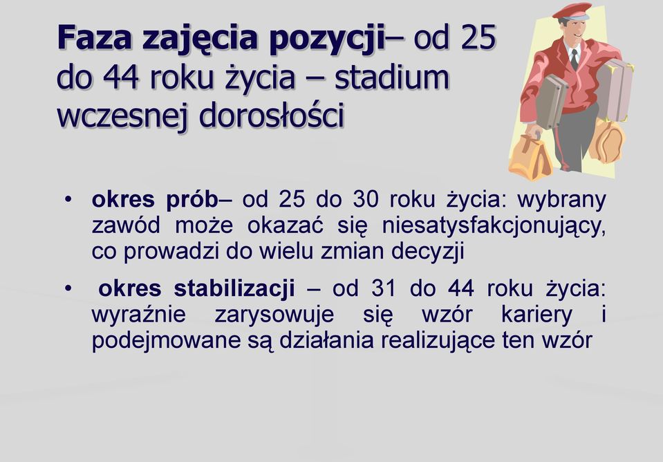 co prowadzi do wielu zmian decyzji okres stabilizacji od 31 do 44 roku życia: