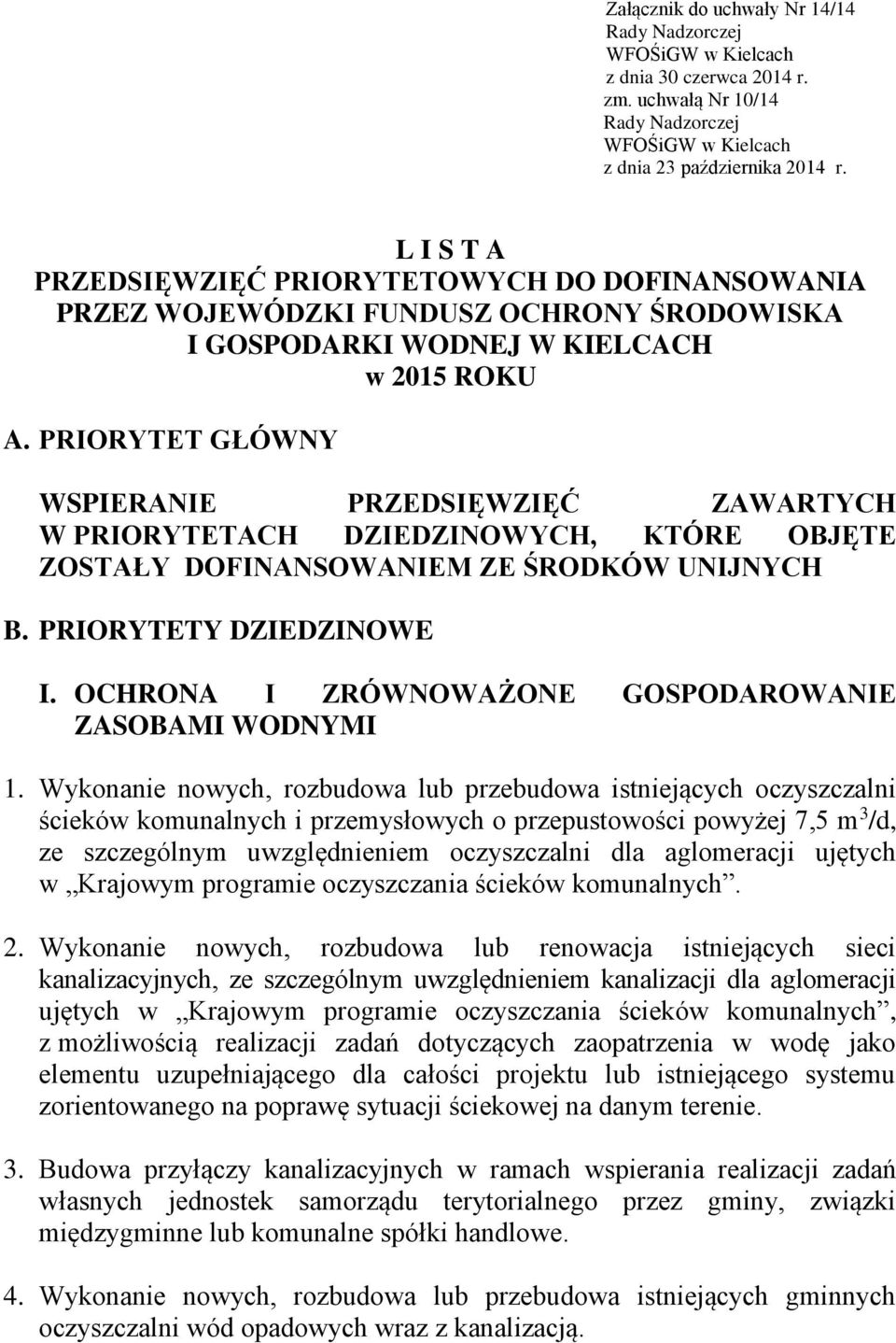 PRIORYTET GŁÓWNY WSPIERANIE PRZEDSIĘWZIĘĆ ZAWARTYCH W PRIORYTETACH DZIEDZINOWYCH, KTÓRE OBJĘTE ZOSTAŁY DOFINANSOWANIEM ZE ŚRODKÓW UNIJNYCH B. PRIORYTETY DZIEDZINOWE I.