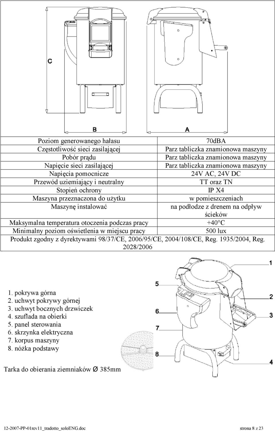 odpływ ścieków Maksymalna temperatura otoczenia podczas pracy +40 C Minimalny poziom oświetlenia w miejscu pracy 500 lux Produkt zgodny z dyrektywami 98/37/CE, 2006/95/CE, 2004/108/CE, Reg.