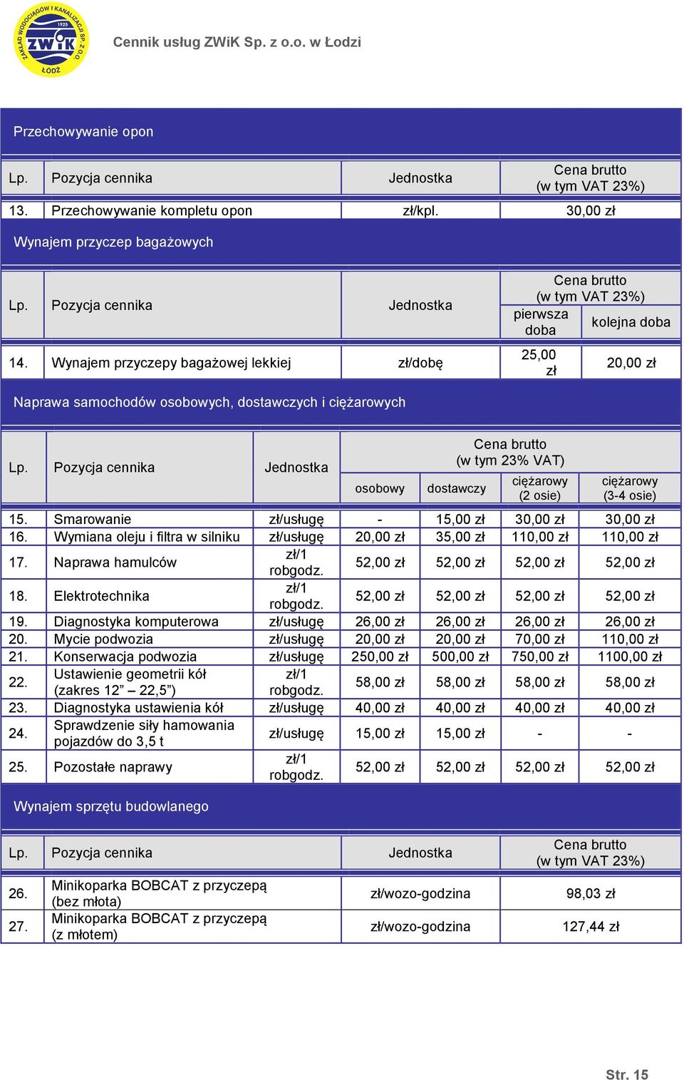 Pozycja cennika Jednostka osobowy Cena brutto (w tym 23% VAT) dostawczy ciężarowy (2 osie) ciężarowy (3-4 osie) 15. Smarowanie zł/usługę - 15,00 zł 30,00 zł 30,00 zł 16.