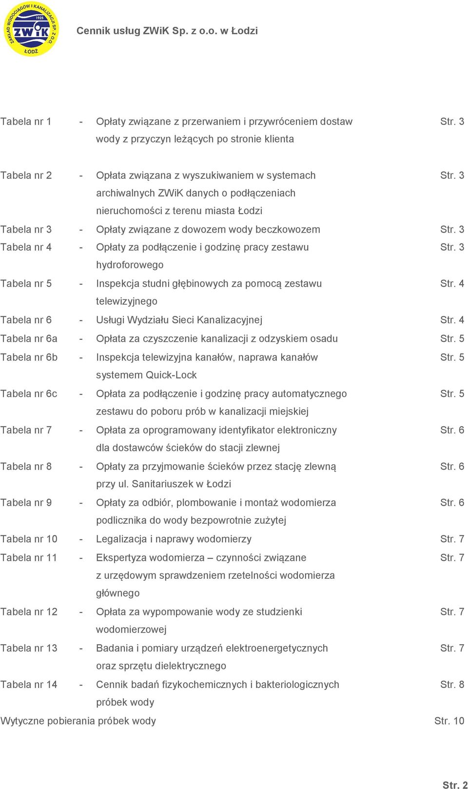 3 Str. 3 hydroforowego Tabela nr 5 - Inspekcja studni głębinowych za pomocą zestawu Str. 4 telewizyjnego Tabela nr 6 - Usługi Wydziału Sieci Kanalizacyjnej Str.