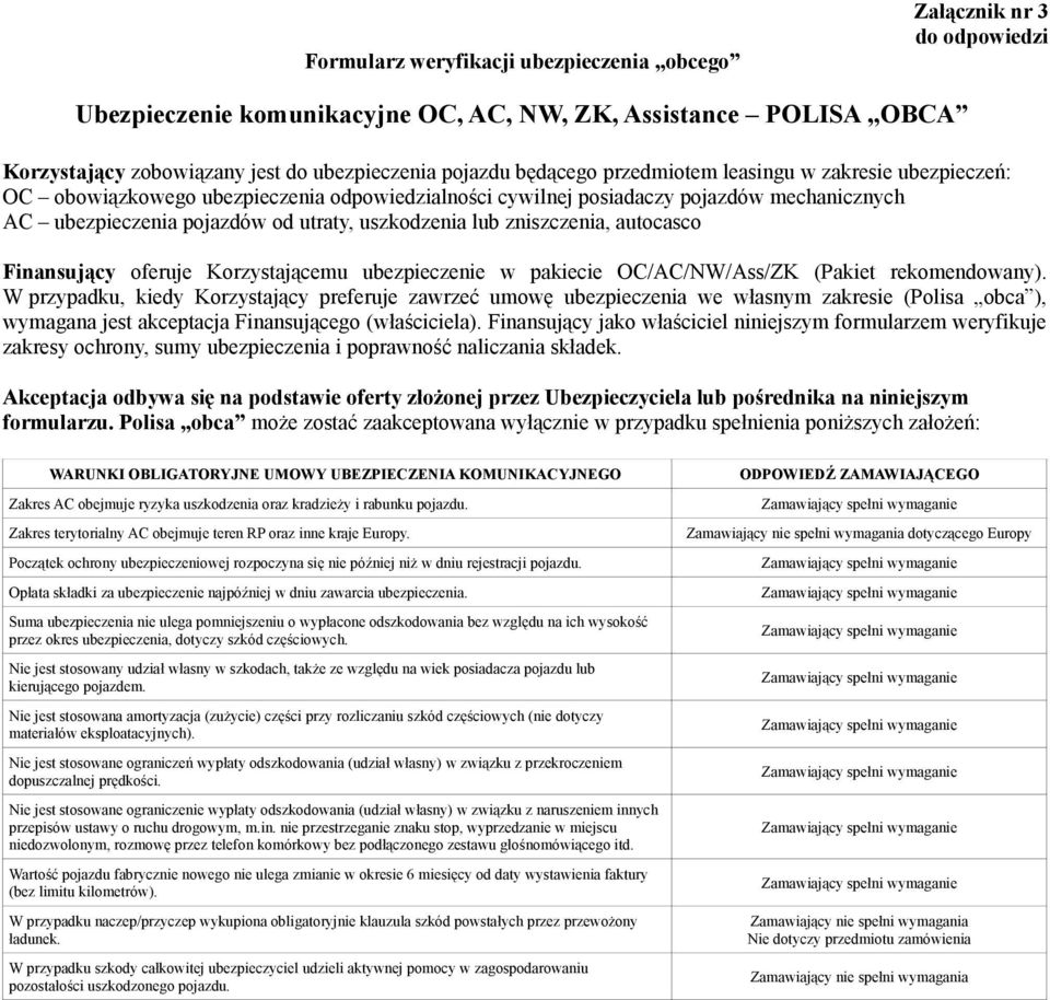 zniszczenia, autocasco Finansujący oferuje Korzystającemu ubezpieczenie w pakiecie OC/AC/NW/Ass/ZK (Pakiet rekomendowany).