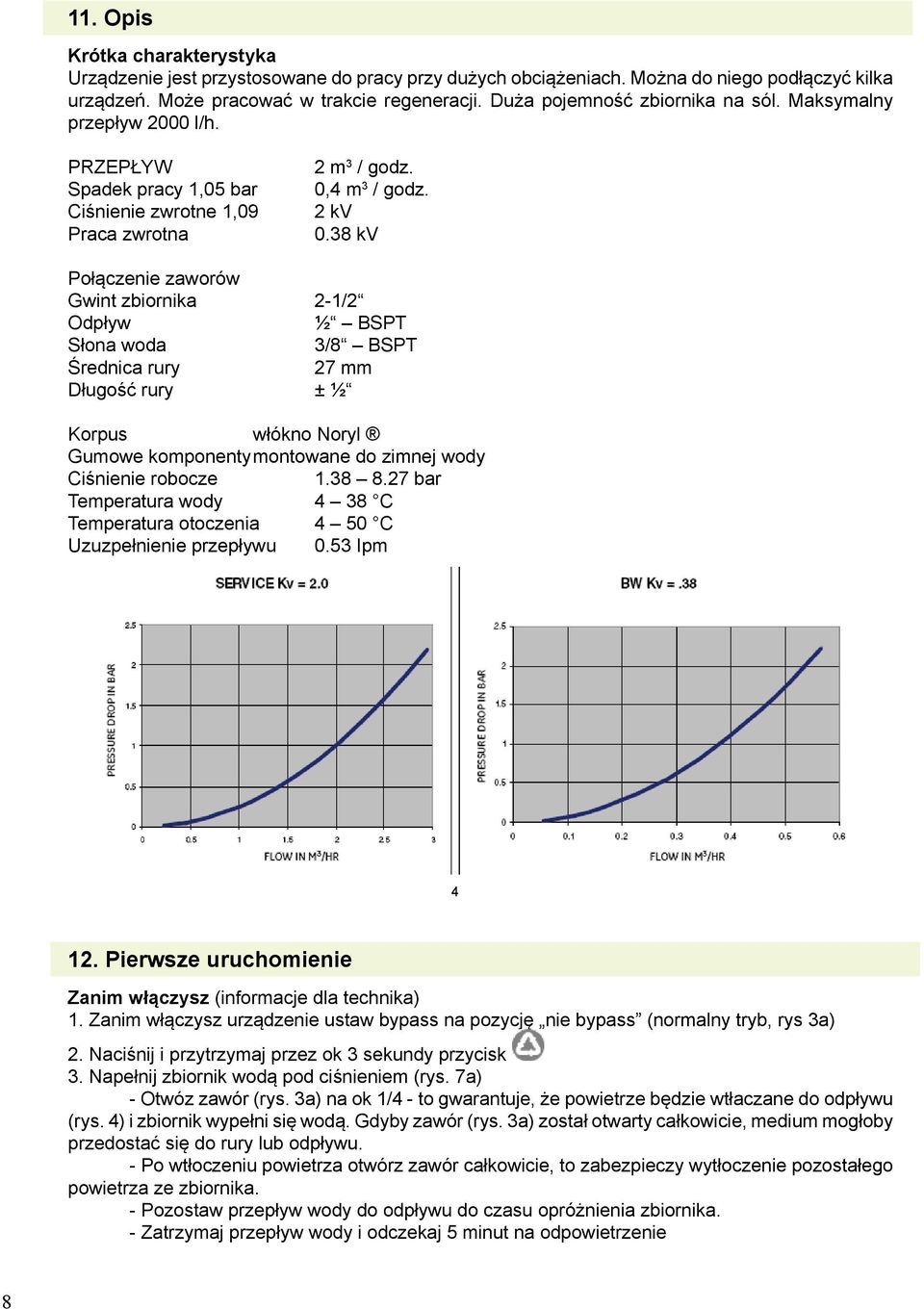 38 kv Połączenie zaworów Gwint zbiornika 2-1/2 Odpływ ½ BSPT Słona woda 3/8 BSPT Średnica rury 27 mm Długość rury ± ½ Korpus włókno Noryl Gumowe komponenty montowane do zimnej wody Ciśnienie robocze