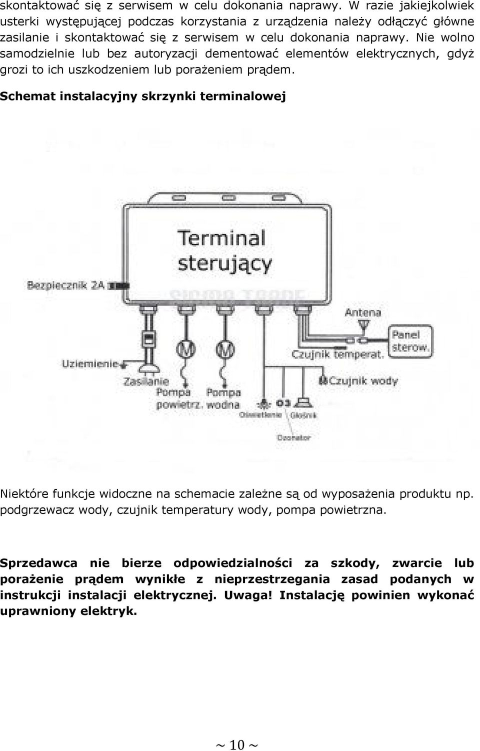 elektrycznych, gdyż grozi to ich uszkodzeniem lub porażeniem prądem. Schemat instalacyjny skrzynki terminalowej Niektóre funkcje widoczne na schemacie zależne są od wyposażenia produktu np.