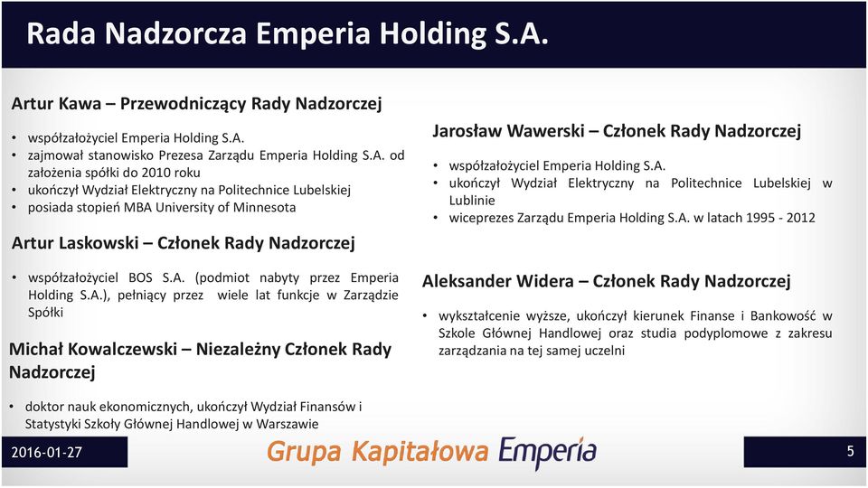 na Politechnice Lubelskiej posiada stopień MBA University of Minnesota Artur Laskowski Członek Rady Nadzorczej Jarosław Wawerski Członek Rady Nadzorczej współzałożyciel Emperia Holding S.A. ukończył Wydział Elektryczny na Politechnice Lubelskiej w Lublinie wiceprezes Zarządu Emperia Holding S.