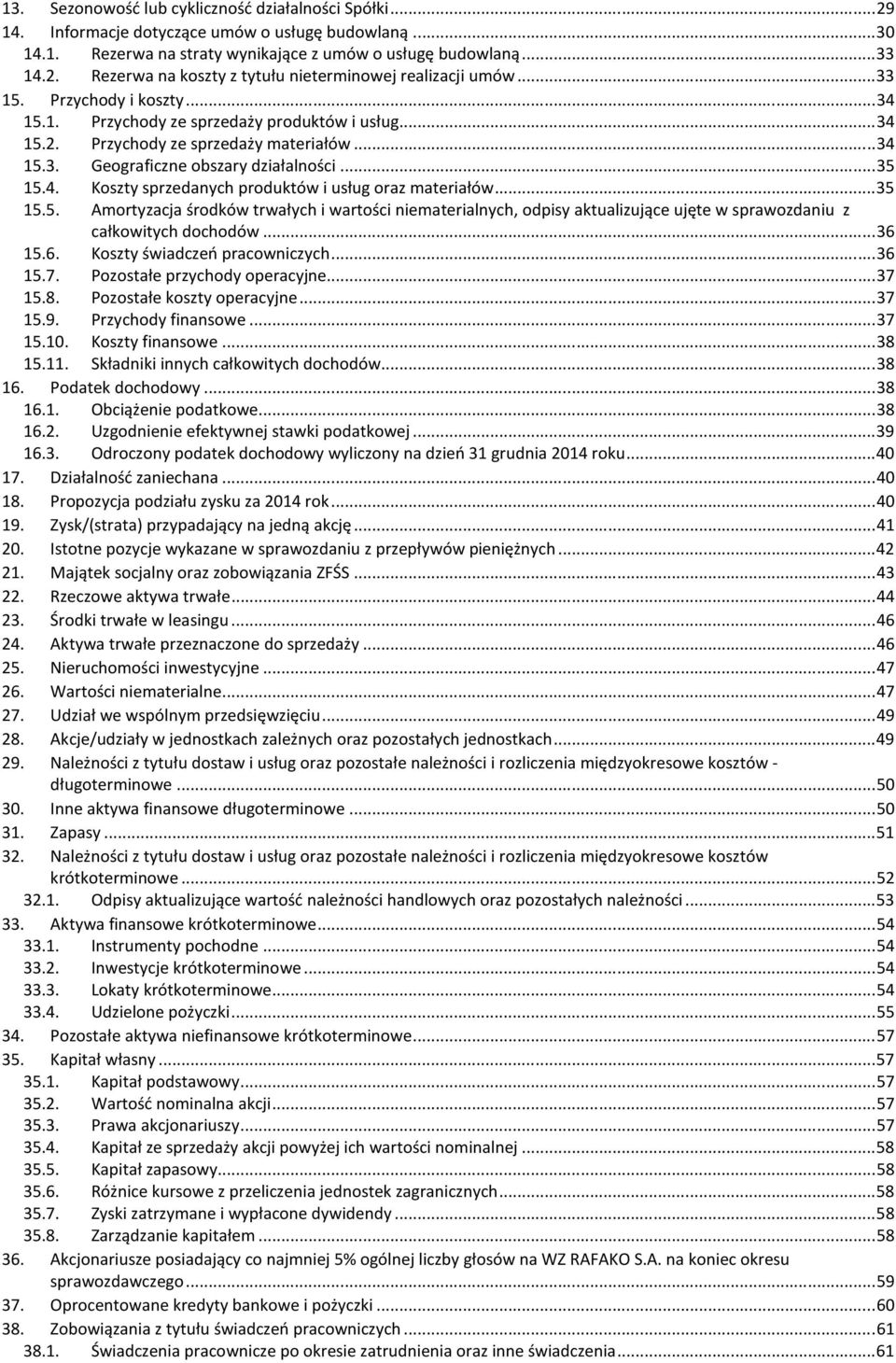 .. 35 15.5. Amortyzacja środków trwałych i wartości niematerialnych, odpisy aktualizujące ujęte w sprawozdaniu z całkowitych dochodów... 36 15.6. Koszty świadczeń pracowniczych... 36 15.7.