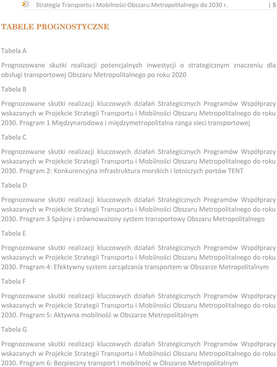 skutki realizacji kluczowych działań Strategicznych Programów Współpracy wskazanych w Projekcie Strategii Transportu i Mobilności Obszaru Metropolitalnego do roku 2030.