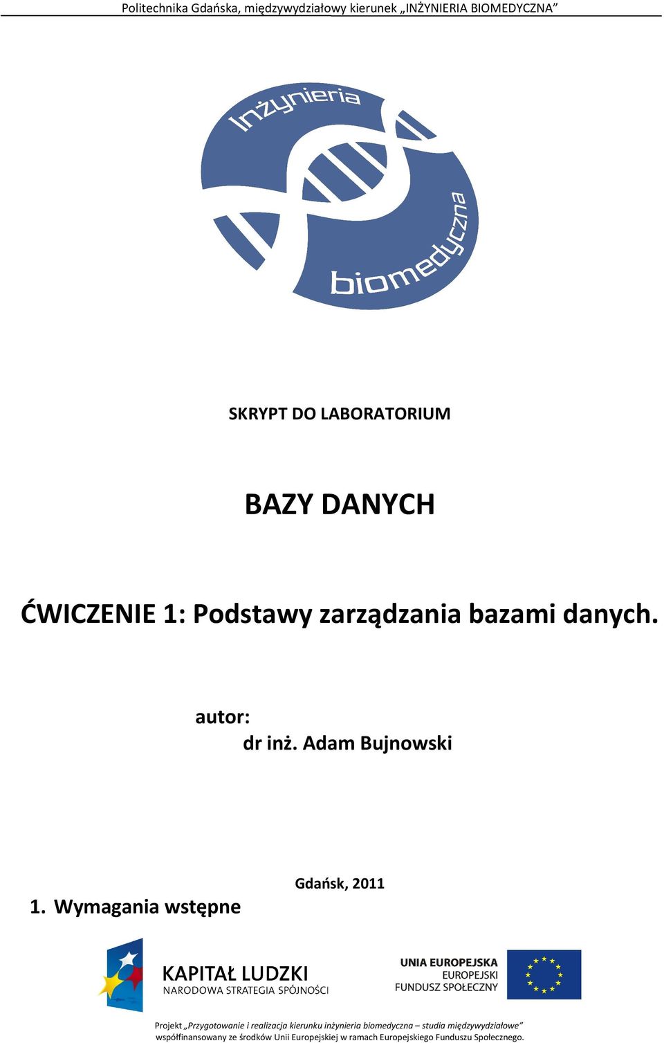 Wymagania wstępne Gdańsk, 2011 Projekt Przygotowanie i realizacja kierunku