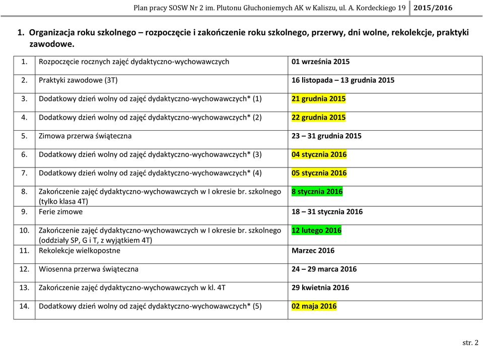 Dodatkowy dzień wolny od zajęć dydaktyczno-wychowawczych* (2) 22 grudnia 2015 5. Zimowa przerwa świąteczna 23 31 grudnia 2015 6.