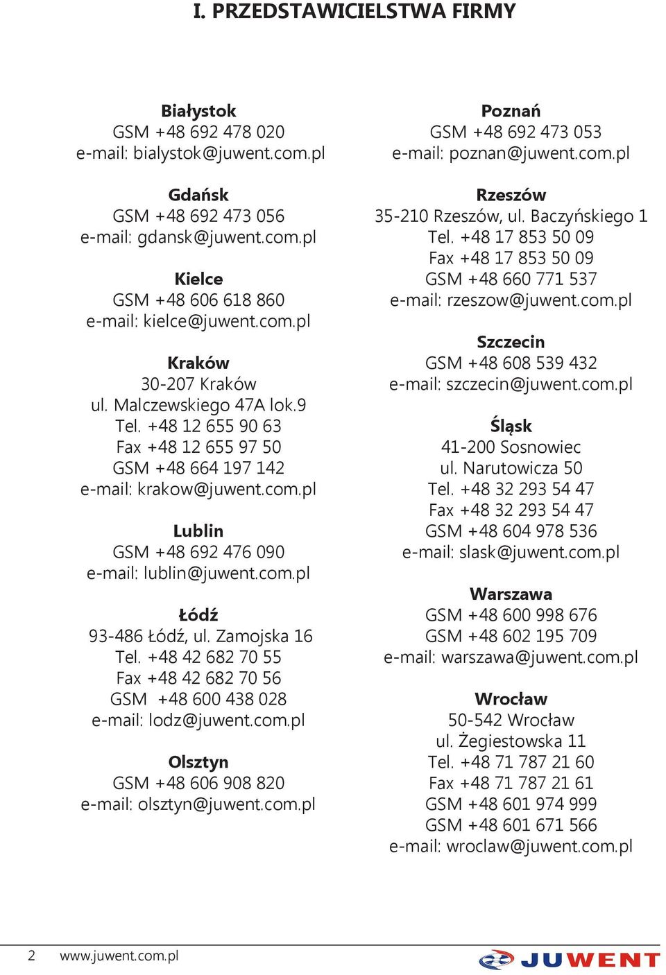 Zamojska 16 Tel. +48 42 682 70 55 Fax +48 42 682 70 56 GSM +48 600 438 028 e-mail: lodz@juwent.com.pl Olsztyn GSM +48 606 908 820 e-mail: olsztyn@juwent.com.pl Poznań GSM +48 692 473 053 e-mail: poznan@juwent.