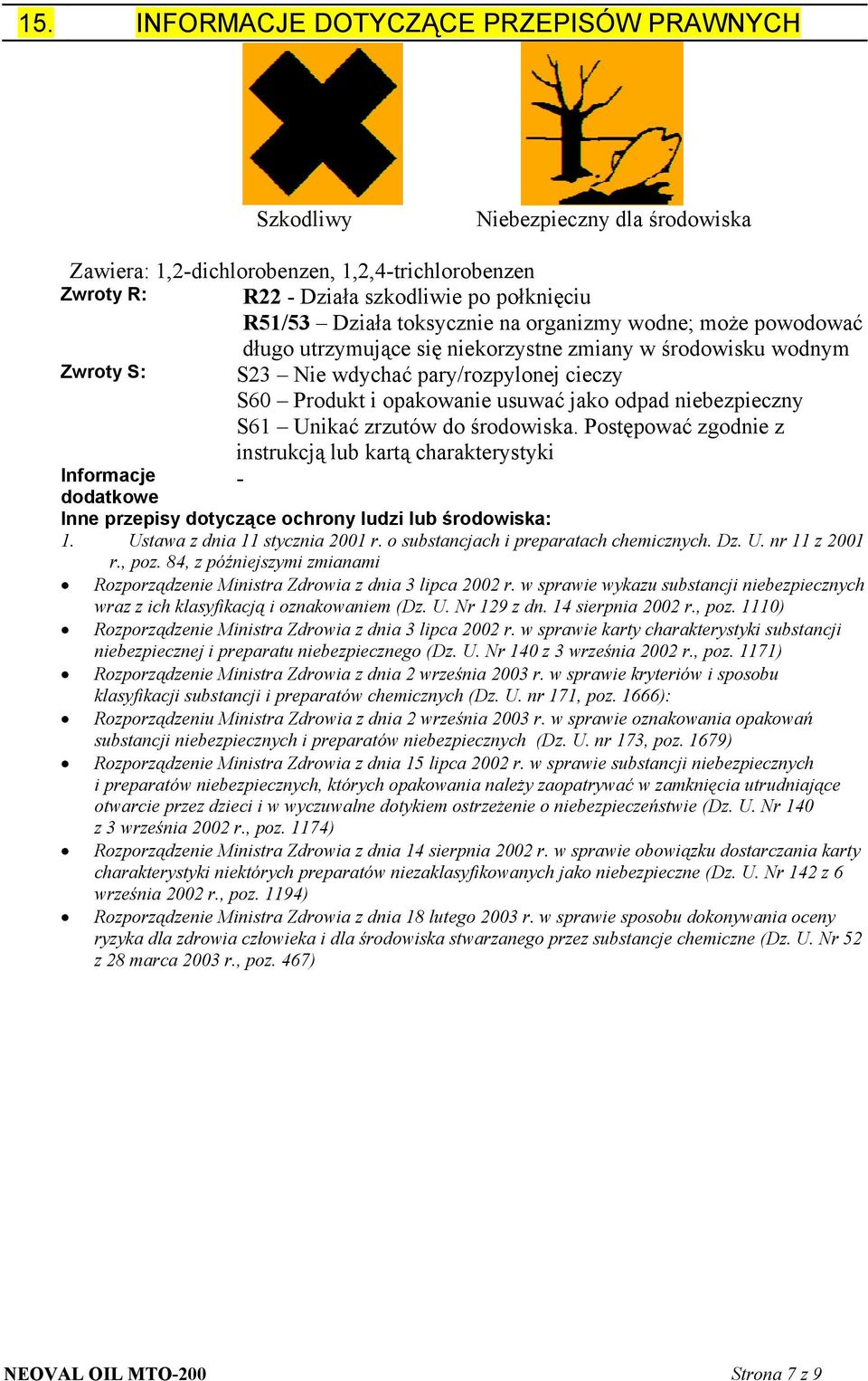 niebezpieczny S61 Unikać zrzutów do środowiska. Postępować zgodnie z instrukcją lub kartą charakterystyki Informacje - dodatkowe Inne przepisy dotyczące ochrony ludzi lub środowiska: 1.