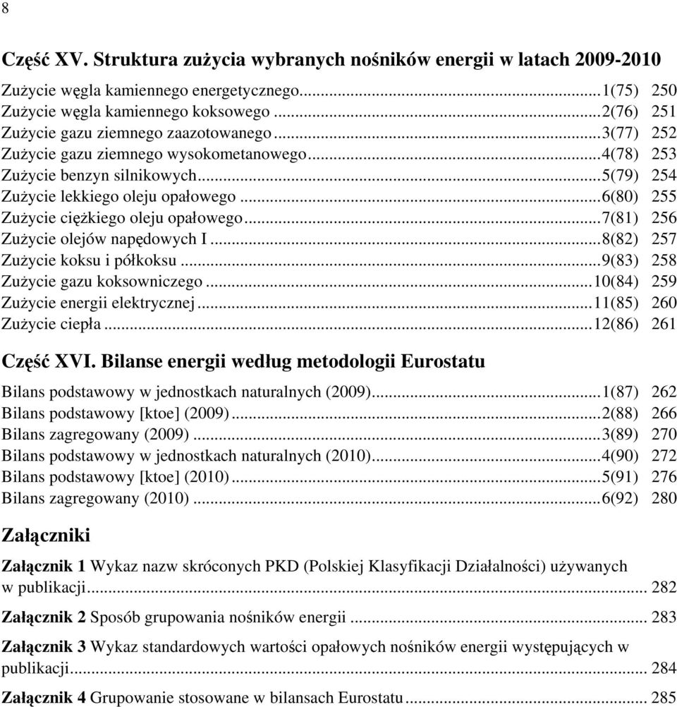 ..6(80) 255 Zużycie ciężkiego oleju opałowego...7(81) 256 Zużycie olejów napędowych I...8(82) 257 Zużycie koksu i półkoksu...9(83) 258 Zużycie gazu koksowniczego.