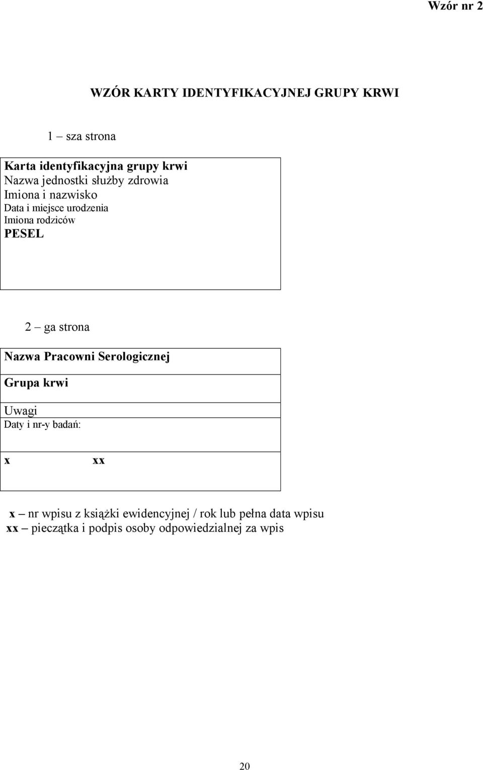 2 ga strona Nazwa Pracowni Serologicznej Grupa krwi Uwagi Daty i nr-y badań: x xx x nr wpisu z