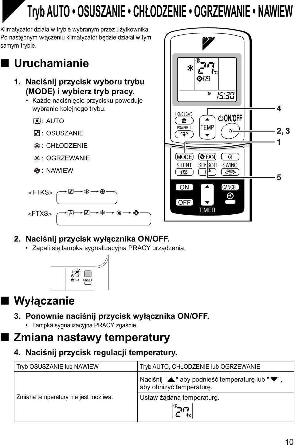 : AUTO : OSUSZANIE : CHŁODZENIE : OGRZEWANIE :NAWIEW <FTKS> <FTXS> HOME LEAVE POWERFUL MODE SILENT ON OFF TEMP C FAN SENSOR TIMER ON/OFF SWING CANCEL 4 2, 3 1 5 2. Naciśnij przycisk wyłącznika ON/OFF.