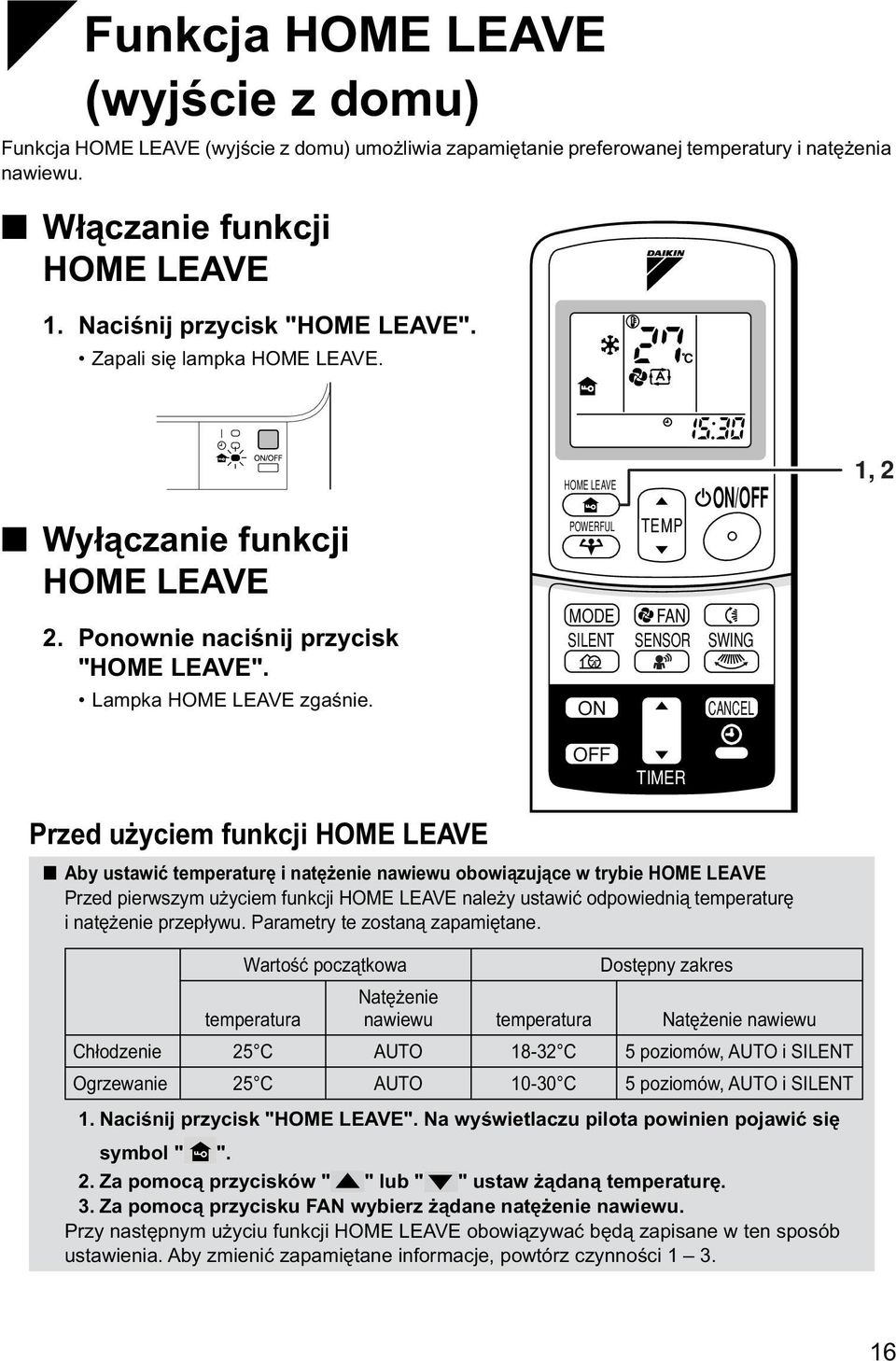 HOME LEAVE POWERFUL MODE SILENT ON TEMP FAN SENSOR ON/OFF SWING CANCEL 1, 2 OFF TIMER Przed użyciem funkcji HOME LEAVE Aby ustawić temperaturę i natężenie nawiewu obowiązujące w trybie HOME LEAVE