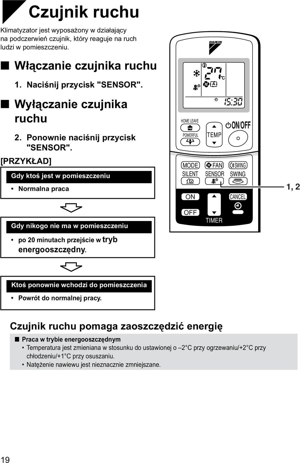 HOME LEAVE POWERFUL TEMP ON/OFF [PRZYKŁAD] Gdy ktoś jest w pomieszczeniu Normalna praca MODE SILENT ON FAN SENSOR SWING SWING CANCEL 1, 2 Gdy nikogo nie ma w pomieszczeniu OFF TIMER po 20 minutach