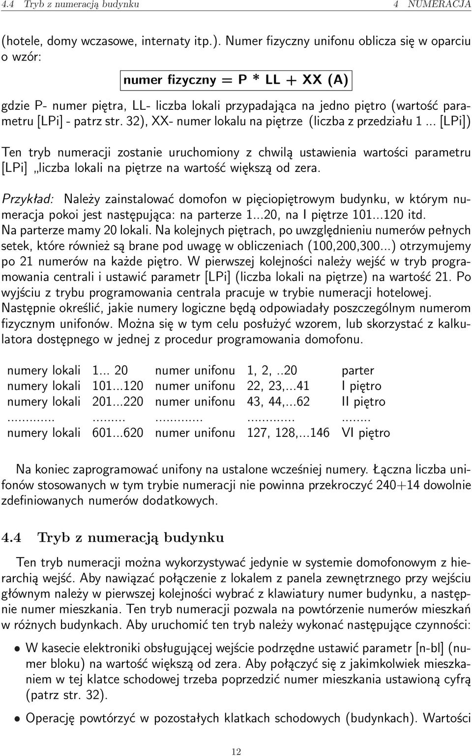 3), XX- numer lokalu na piętrze (liczba z przedziału 1... [LPi]) Ten tryb numeracji zostanie uruchomiony z chwilą ustawienia wartości parametru [LPi] liczba lokali na piętrze na wartość większą od zera.