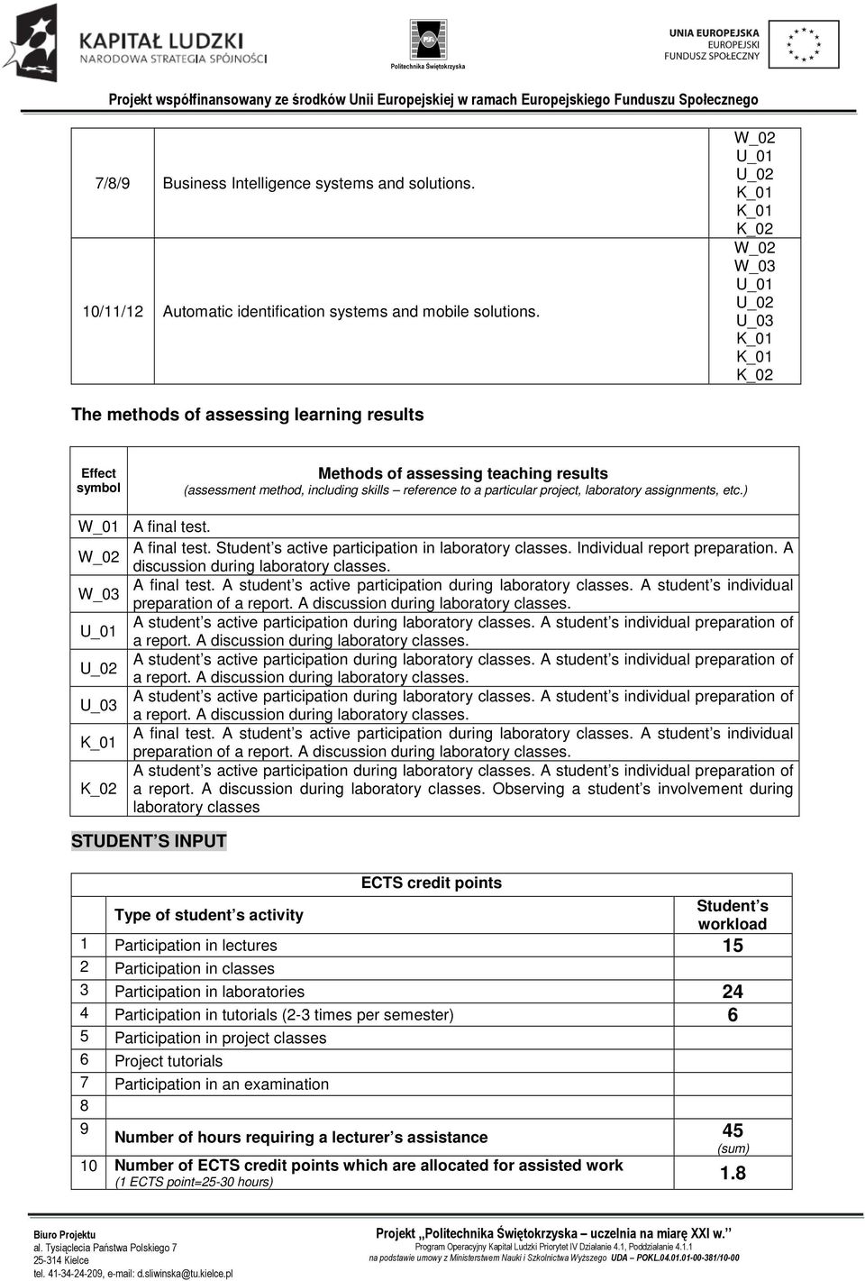 A fina test. Student s active participation in aboratory casses. Individua report preparation. A discussion during aboratory casses. A fina test.