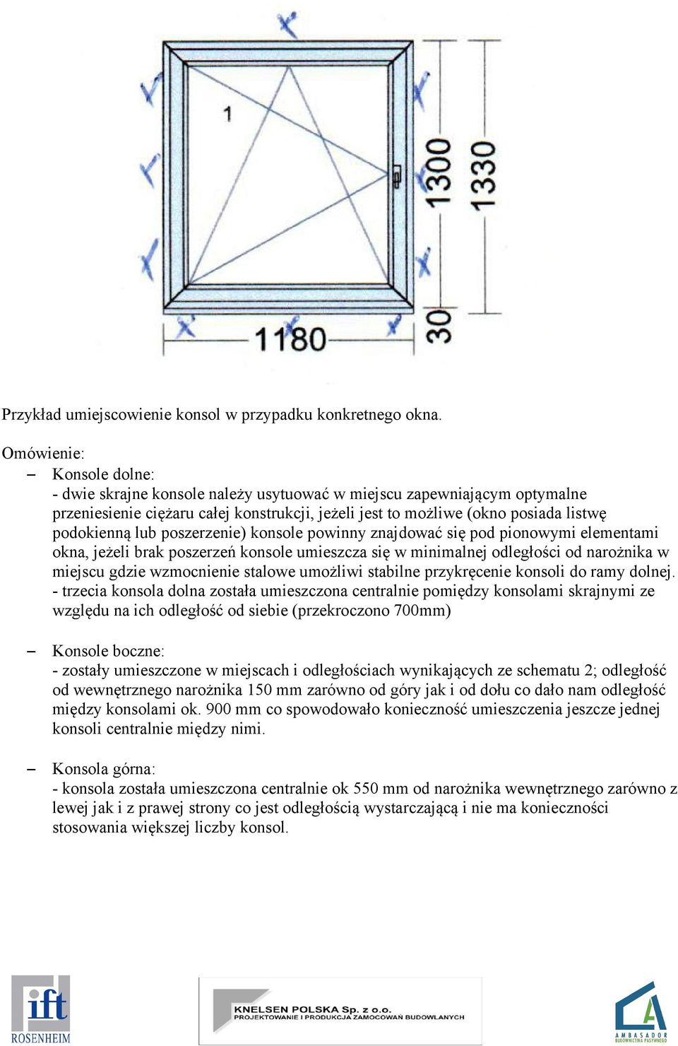 poszerzenie) konsole powinny znajdować się pod pionowymi elementami okna, jeżeli brak poszerzeń konsole umieszcza się w minimalnej odległości od narożnika w miejscu gdzie wzmocnienie stalowe umożliwi