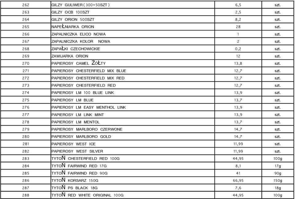 273 PAPIEROSY CHESTERFIELD RED 12,7 szt. 274 PAPIEROSY LM 100 BLUE LINK 13,9 szt. 275 PAPIEROSY LM BLUE 13,7 szt. 276 PAPIEROSY LM EASY MENTHOL LINK 13,9 szt. 277 PAPIEROSY LM LINK MINT 13,9 szt.