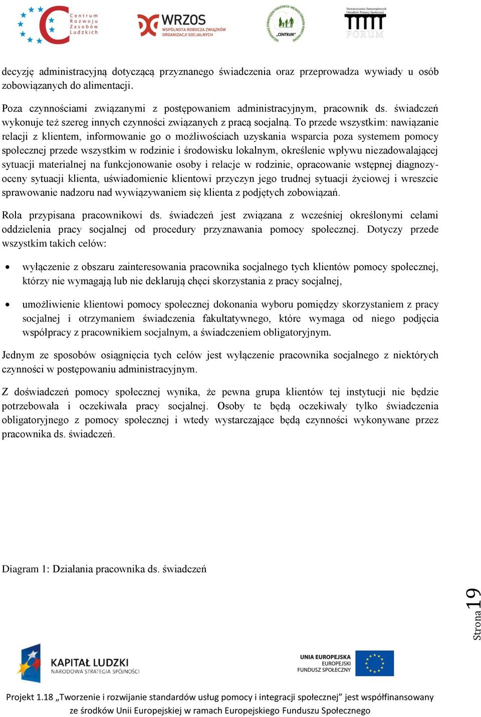 To przede wszystkim: nawiązanie relacji z klientem, informowanie go o możliwościach uzyskania wsparcia poza systemem pomocy społecznej przede wszystkim w rodzinie i środowisku lokalnym, określenie