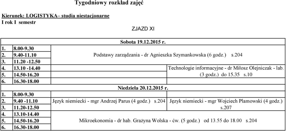 204 Technologie informacyjne - dr Miłosz Olejniczak - lab. (3 godz.) do 15.35 s.
