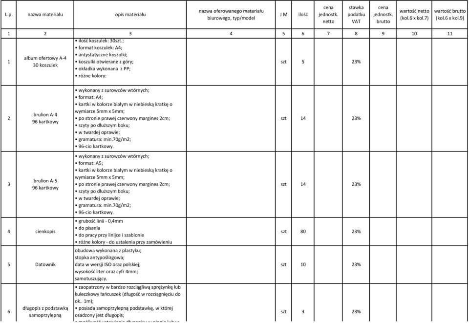 ; format koszulek: A4; 1 antystatyczne koszulki; album ofertowy A-4 koszulki otwierane z góry; 30 koszulek okładka wykonana z PP; szt 5 różne kolory: 2 brulion A-4 96 kartkowy wykonany z surowców