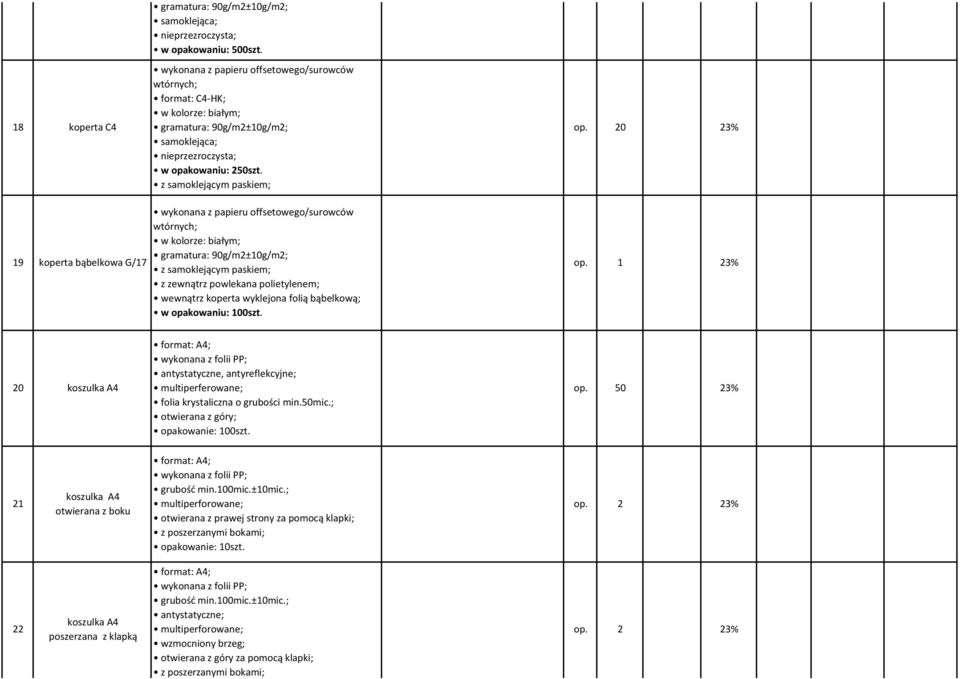 kowaniu: 100szt. op. 1 20 koszulka A4 wykonana z folii PP; antystatyczne, antyreflekcyjne; multiperferowane; folia krystaliczna o grubości min.50mic.; otwierana z góry; opakowanie: 100szt. op. 50 21 koszulka A4 otwierana z boku wykonana z folii PP; grubość min.