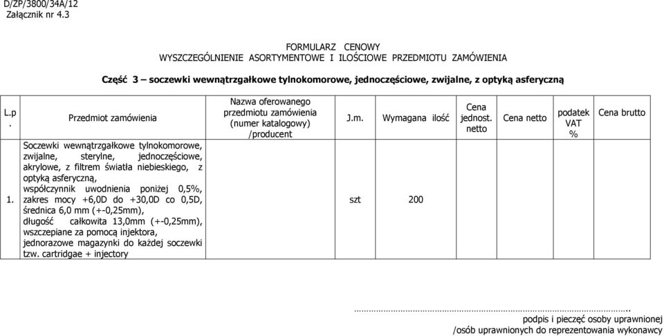 Przedmiot zamówienia Soczewki wewnątrzgałkowe tylnokomorowe, zwijalne, sterylne, jednoczęściowe, akrylowe, z filtrem światła niebieskiego, z optyką asferyczną, współczynnik uwodnienia poniżej 0,5%,