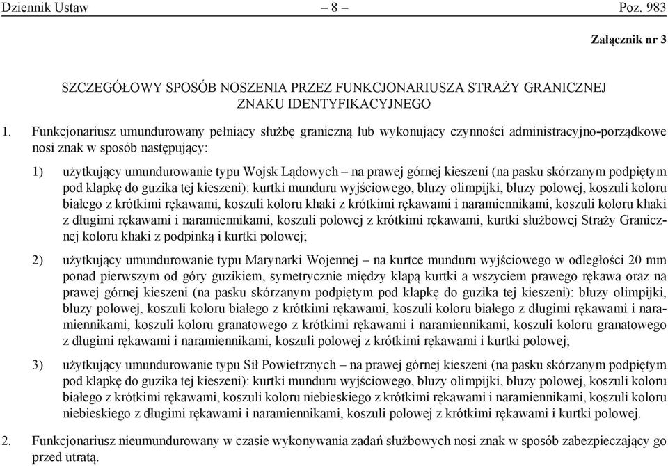 górnej kieszeni (na pasku skórzanym podpiętym pod klapkę do guzika tej kieszeni): kurtki munduru wyjściowego, bluzy olimpijki, bluzy polowej, koszuli koloru białego z krótkimi rękawami, koszuli