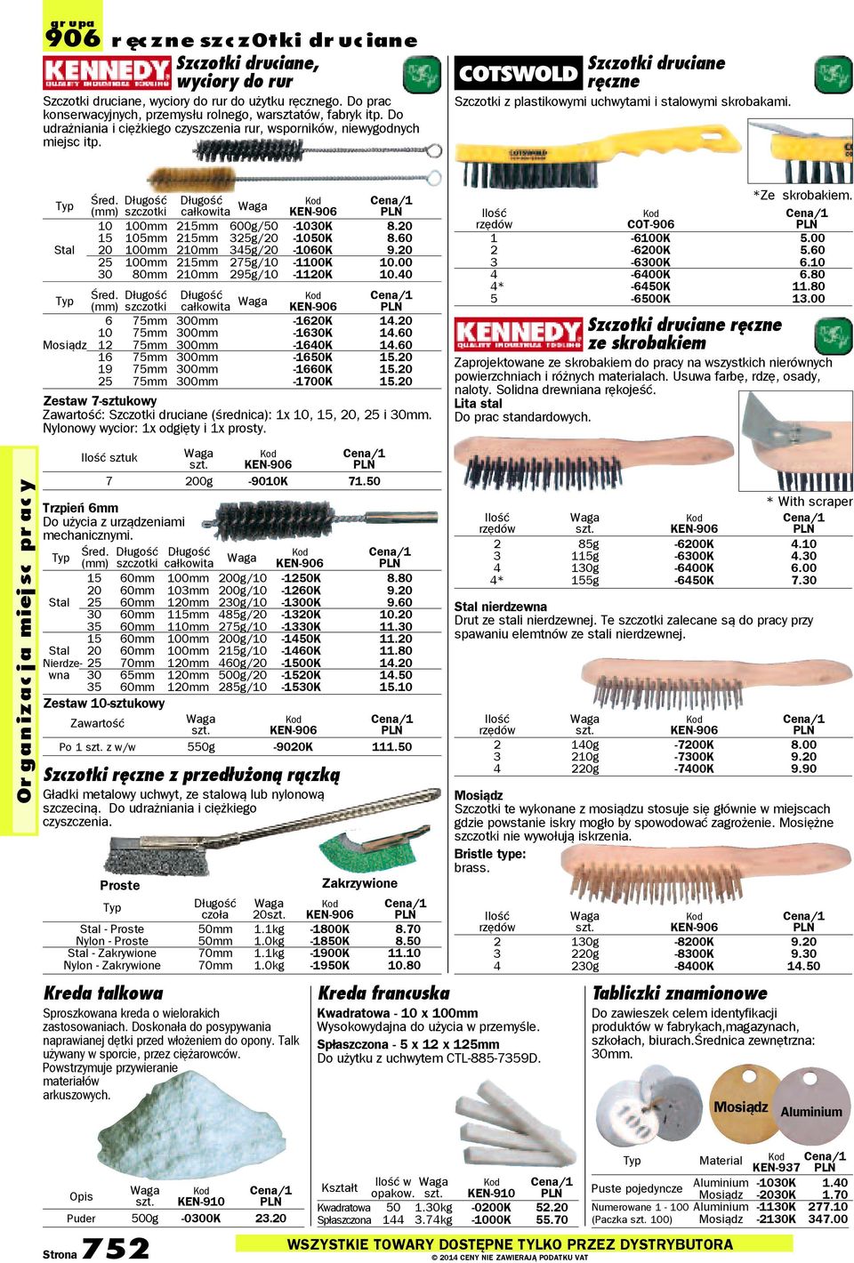 Or ganizac j a miej sc pr ac y Typ Śred. szczotki całkowita KEN-906 10 100mm 215mm 600g/50-1030K 8.20 15 105mm 215mm 325g/20-1050K 8.60 Stal 20 100mm 210mm 345g/20-1060K 9.