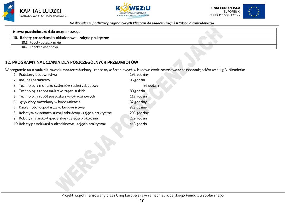 ROGRAMY NAUZANIA DLA OSZZEGÓLNYH RZEDMIOTÓW W programie nauczania dla zawodu monter zabudowy i robót wykończeniowych w budownictwie zastosowano taksonomię celów według B. Niemierko. 1.