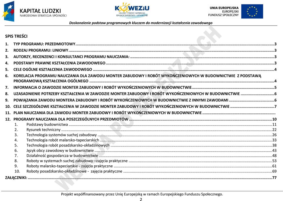 INFORMAJA O ZAWODZIE MONTER ZABUDOWY I ROBÓT WYKOŃZENIOWYH W BUDOWNITWIE...5 8. UZASADNIENIE OTRZEBY KSZTAŁENIA W ZAWODZIE MONTER ZABUDOWY I ROBÓT WYKOŃZENIOWYH W BUDOWNITWIE...6 9.