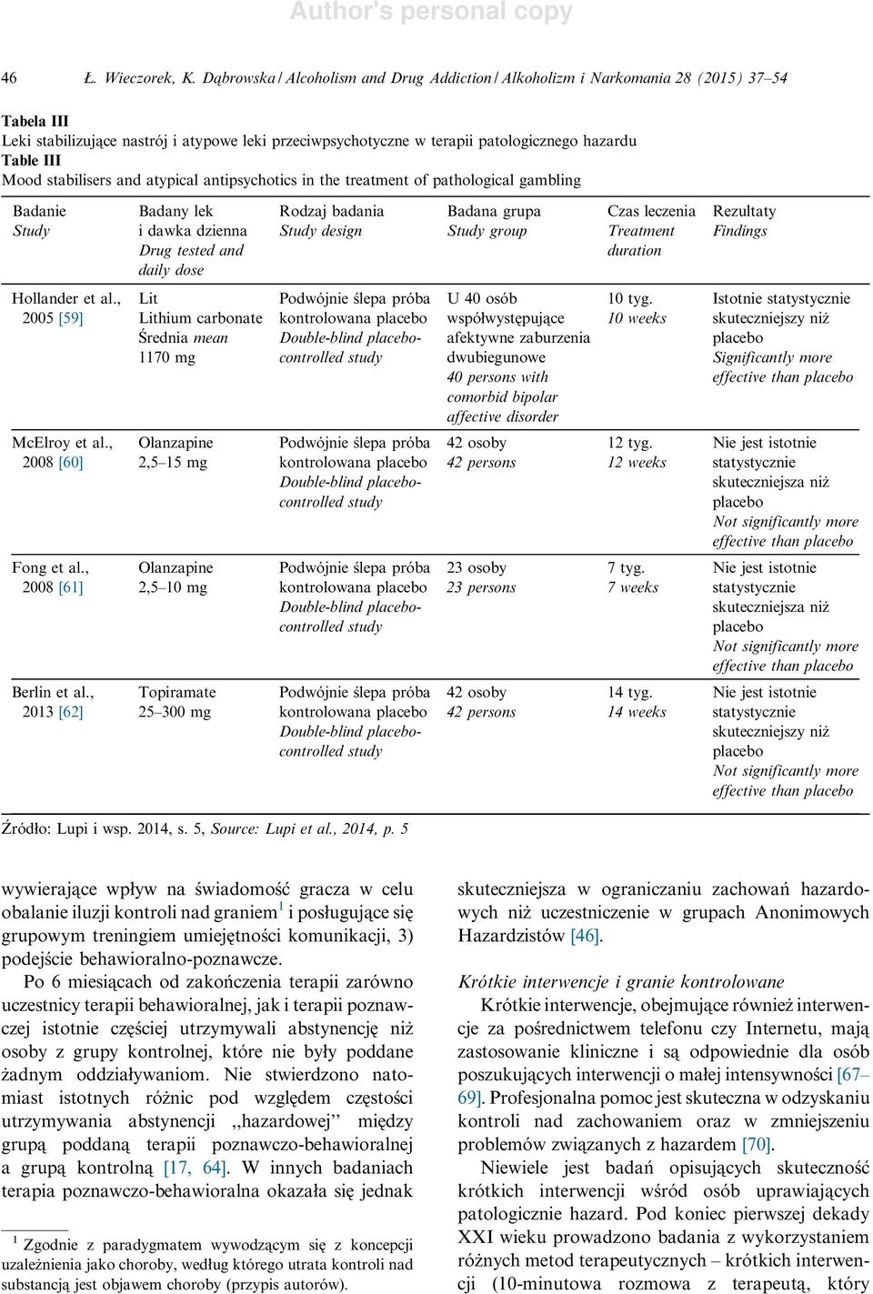 Mood stabilisers and atypical antipsychotics in the treatment of pathological gambling Badanie Study Badany lek i dawka dzienna Drug tested and daily dose Rodzaj badania Study design Badana grupa