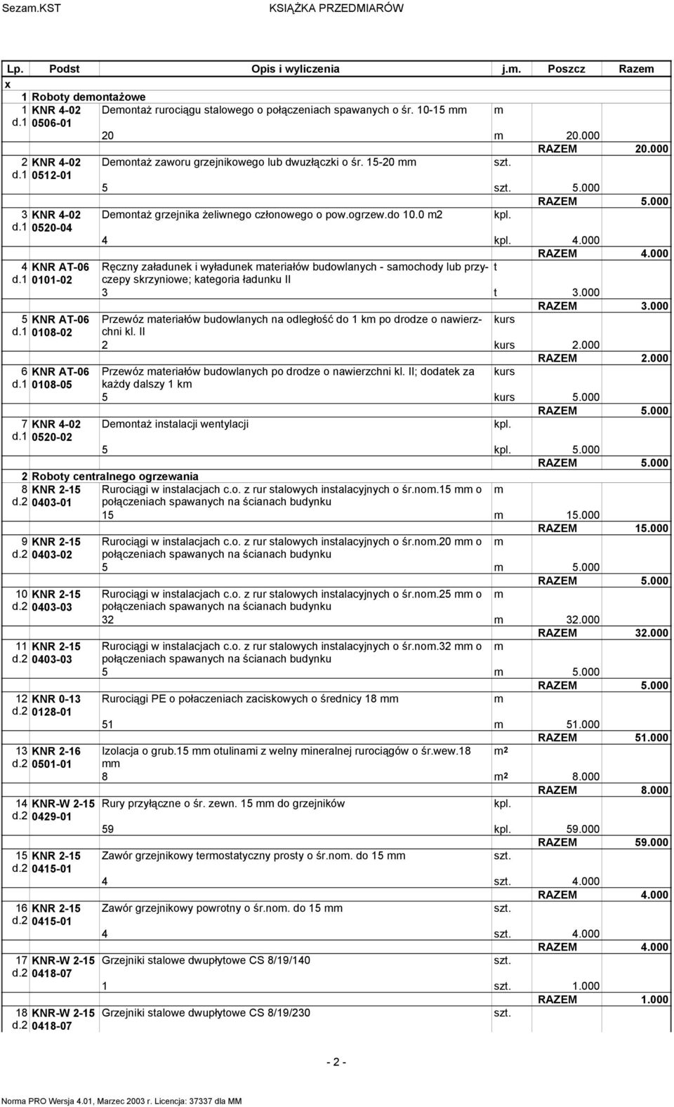 000 DeontaŜ zaworu grzejnikowego lub dwuączki o śr. 15-20 5 5.000 DeontaŜ grzejnika Ŝeliwnego conowego o pow.ogrzew.do 10.0 2 kpl. 4 