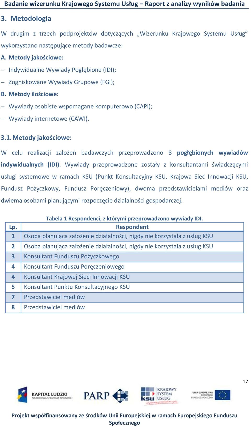 Metody jakościowe: W celu realizacji założeo badawczych przeprowadzono 8 pogłębionych wywiadów indywidualnych (IDI).