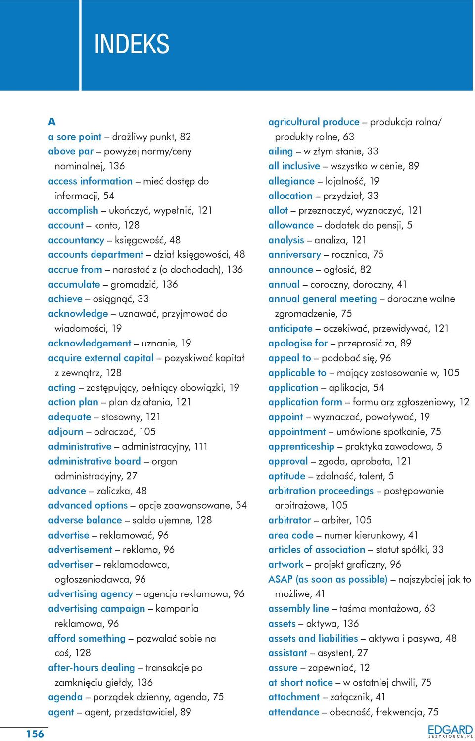 konto, 128 accountancy księgowość, 48 accounts department dział księgowości, 48 accrue from narastać z (o dochodach), 136 accumulate gromadzić, 136 achieve osiągnąć, 33 acknowledge uznawać,