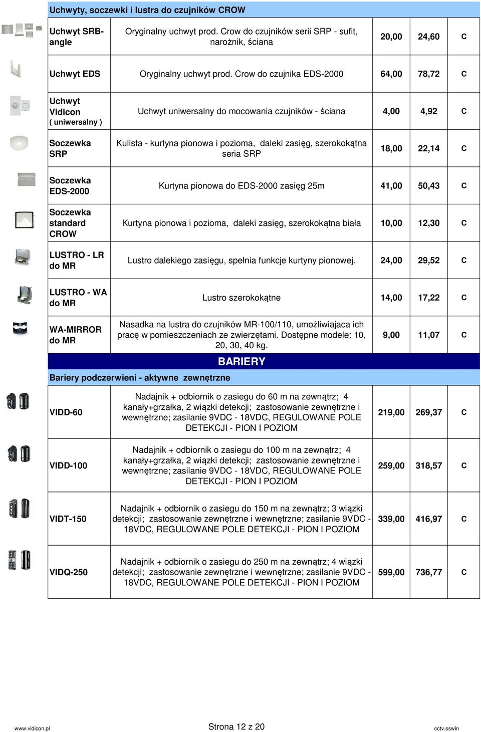 szerokokątna seria SRP 18,00 22,14 C Soczewka EDS-2000 Soczewka standard CROW LUSTRO - LR do MR Kurtyna pionowa do EDS-2000 zasięg 25m 41,00 50,43 C Kurtyna pionowa i pozioma, daleki zasięg,