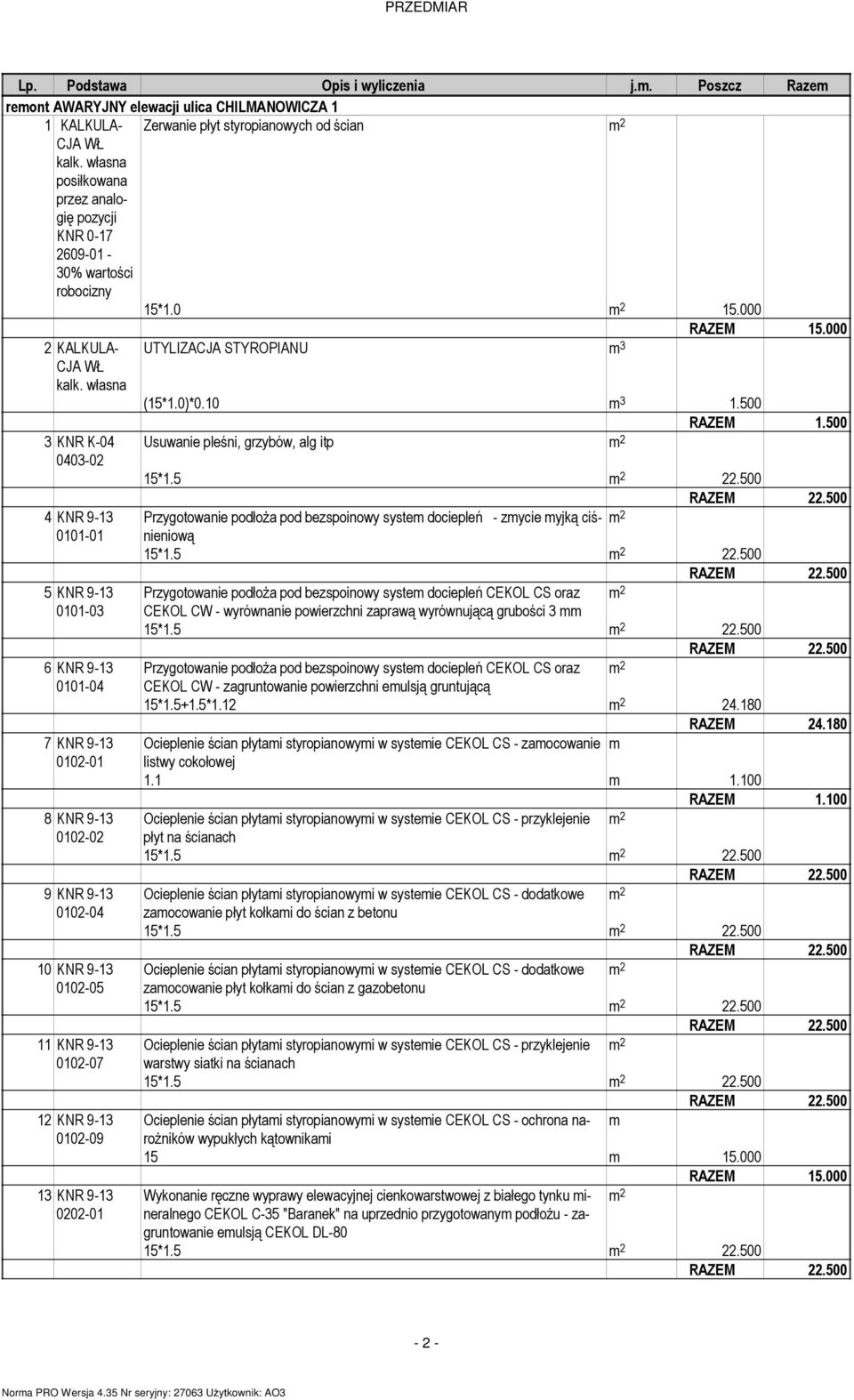 500 RAZEM 1.500 3 KNR K-04 Usuwanie pleśni, grzybów, alg itp m 2 0403-15*1.5 m 2 RAZEM 4 KNR 9-13 Przygotowanie podłoża pod bezspoinowy system dociepleń - zmycie myjką ciśnieniową m 2 0101-01 15*1.