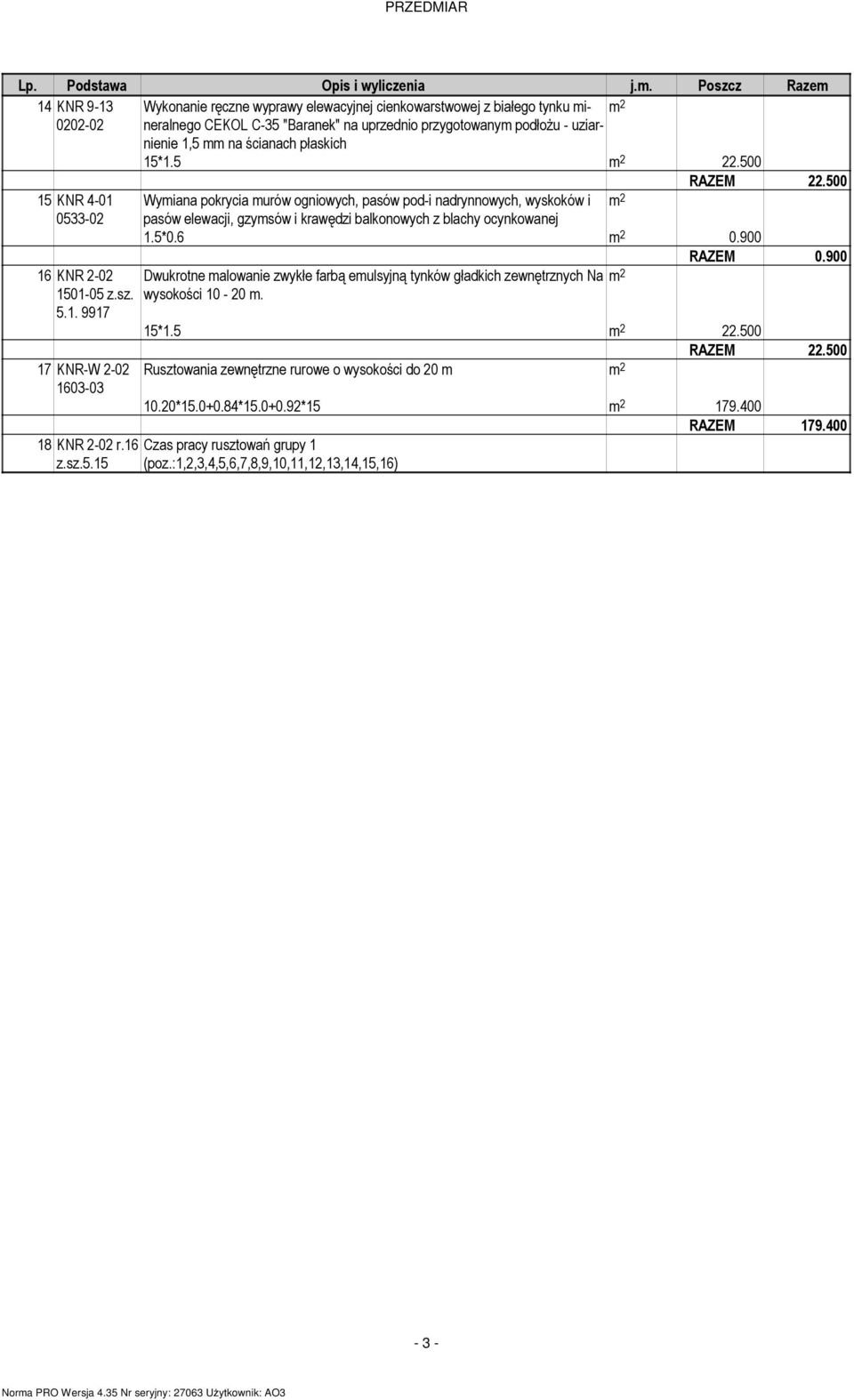 ścianach płaskich 15*1.5 m 2 15 KNR 4-01 0533-16 KNR 2-1501-05 z.sz. 5.1. 9917 17 KNR-W 2-1603-03 18 KNR 2- r.16 z.sz.5.15 RAZEM Wymiana pokrycia murów ogniowych, pasów pod-i nadrynnowych, wyskoków i m 2 pasów elewacji, gzymsów i krawędzi balkonowych z blachy ocynkowanej 1.