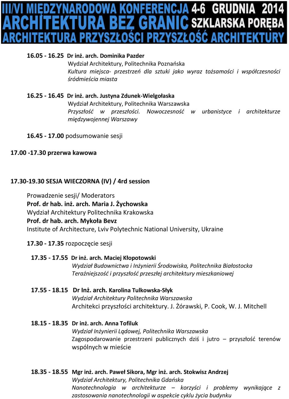 00 podsumowanie sesji 17.00-17.30 przerwa kawowa 17.30-19.30 SESJA WIECZORNA (IV) / 4rd session Prof. dr hab. inż. arch.