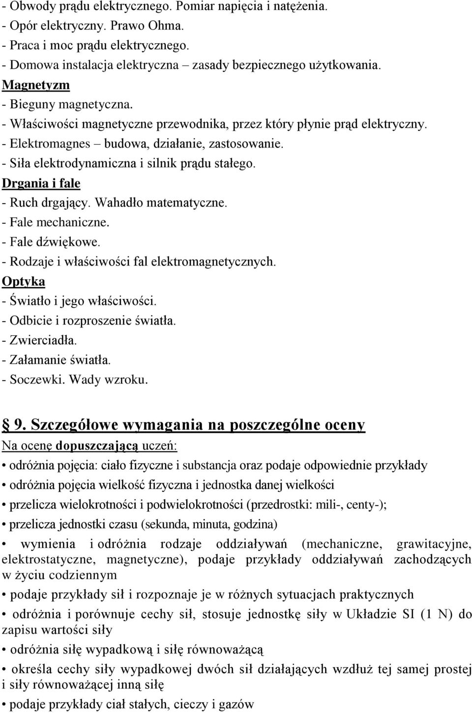 - Siła elektrodynamiczna i silnik prądu stałego. Drgania i fale - Ruch drgający. Wahadło matematyczne. - Fale mechaniczne. - Fale dźwiękowe. - Rodzaje i właściwości fal elektromagnetycznych.