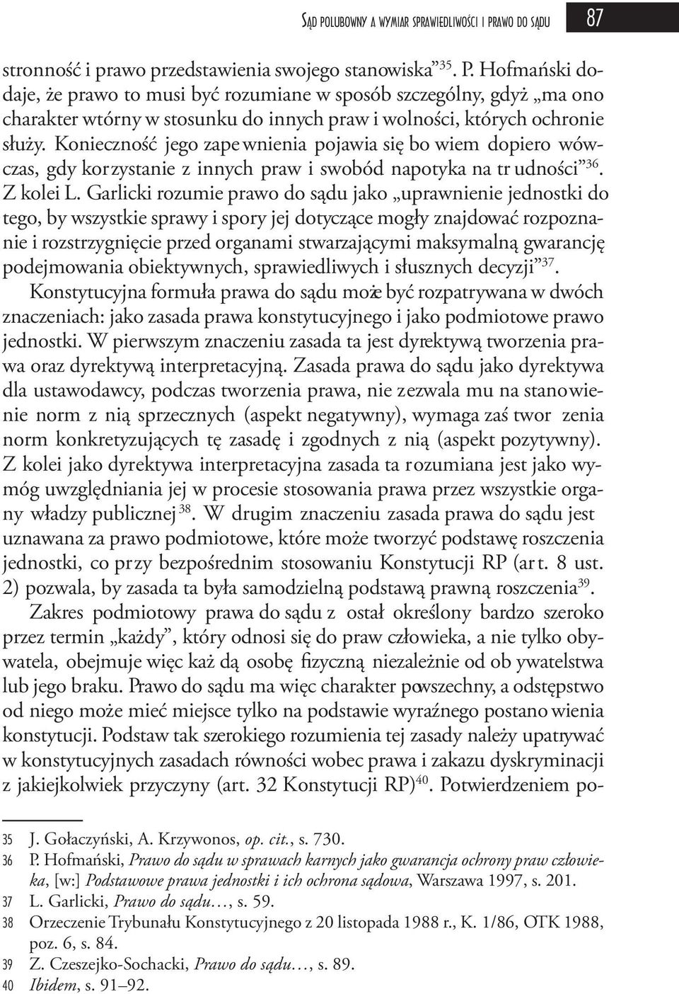 Garlicki rozumie prawo do sądu jako uprawnienie jednostki do tego, by wszystkie sprawy i spory jej dotyczące mogły znajdować rozpoznanie i rozstrzygnięcie przed organami stwarzającymi maksymalną