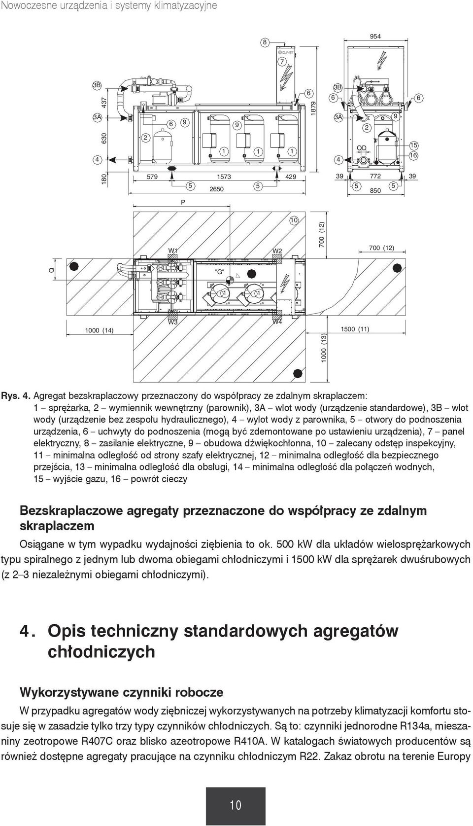 zespołu hydraulicznego), wylot wody z parownika, otwory do podnoszenia urządzenia, uchwyty do podnoszenia (mogą być zdemontowane po ustawieniu urządzenia), 7 panel elektryczny, 8 zasilanie