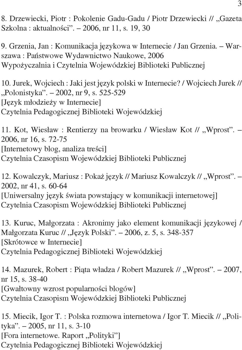 2002, nr 9, s. 525-529 [Język młodzieży w Internecie] 11. Kot, Wiesław : Rentierzy na browarku / Wiesław Kot // Wprost. 2006, nr 16, s. 72-75 [Internetowy blog, analiza treści] 12.