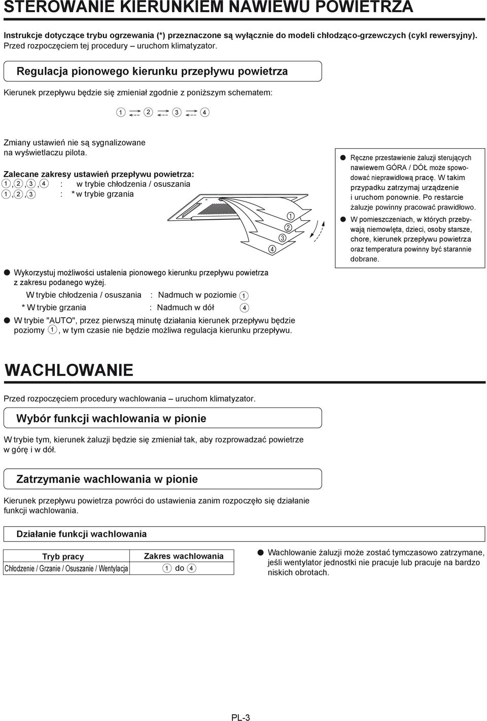 Regulacja pionowego kierunku przepływu powietrza Kierunek przepływu będzie się zmieniał zgodnie z poniższym schematem: 1 2 3 4 Zmiany ustawień nie są sygnalizowane na wyświetlaczu pilota.