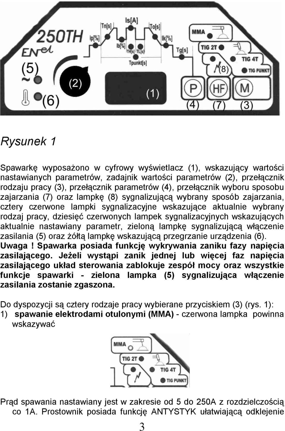 lampek sygnalizacyjnych wskazujących aktualnie nastawiany parametr, zieloną lampkę sygnalizującą włączenie zasilania (5) oraz żółtą lampkę wskazującą przegrzanie urządzenia (6). Uwaga!