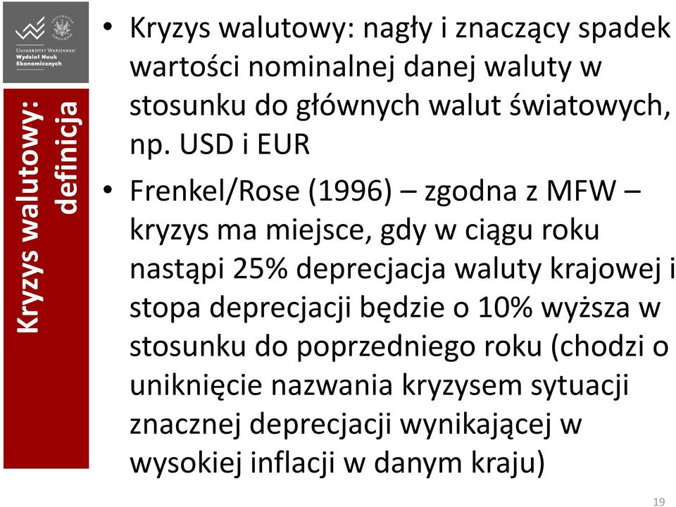 USD i EUR Frenkel/Rose (1996) zgodna z MFW kryzys ma miejsce, gdy w ciągu roku nastąpi 25% deprecjacja waluty