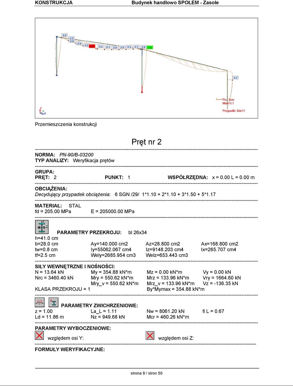 0 cm Ay=140.000 cm2 Az=28.800 cm2 Ax=168.800 cm2 tw=0.8 cm Iy=55062.067 cm4 Iz=9148.203 cm4 Ix=265.707 cm4 tf=2.5 cm Wely=2685.954 cm3 Welz=653.443 cm3 SIŁY WEWNĘTRZNE I NOŚNOŚCI: N = 13.